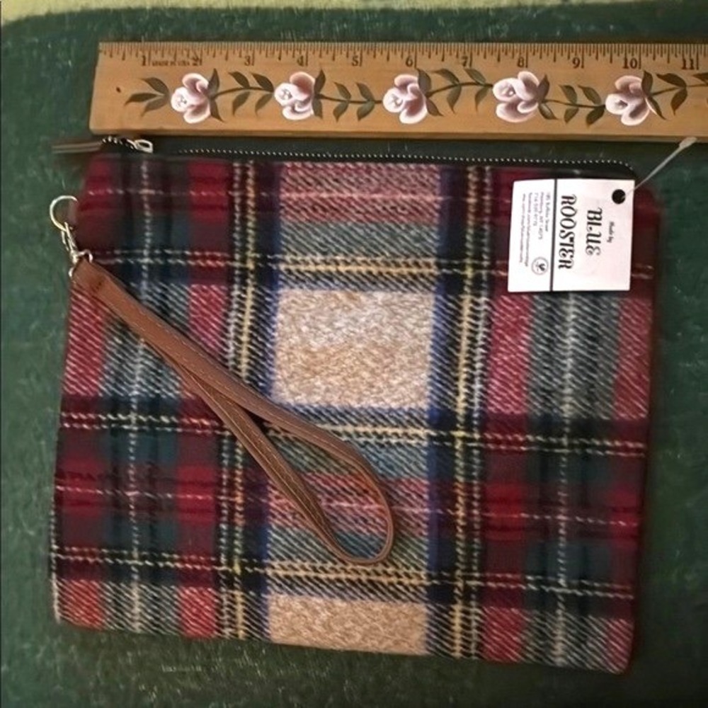 Blue Rooster Plaid Wool Blend Wristlet Pouch Bag Clutch NWT